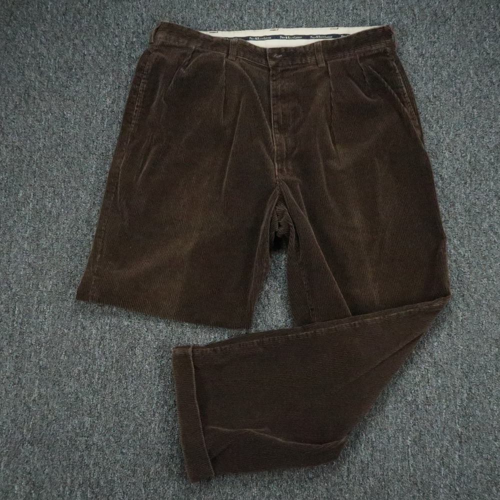 VINTAGE Polo Ralph Lauren Pants Men 34x30 Brown Cords Trouser Corduroy Two Pleat